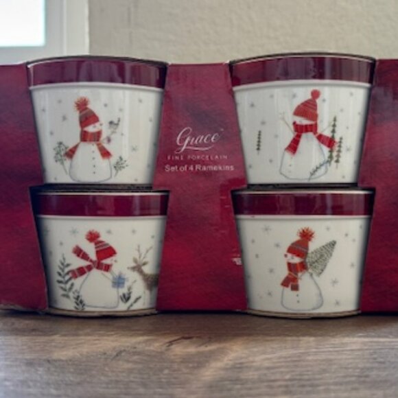 Set 4 Ramekins for Holidays - 4 Snowmen designs - Fine Porcelain - BNIB - Picture 1 of 8